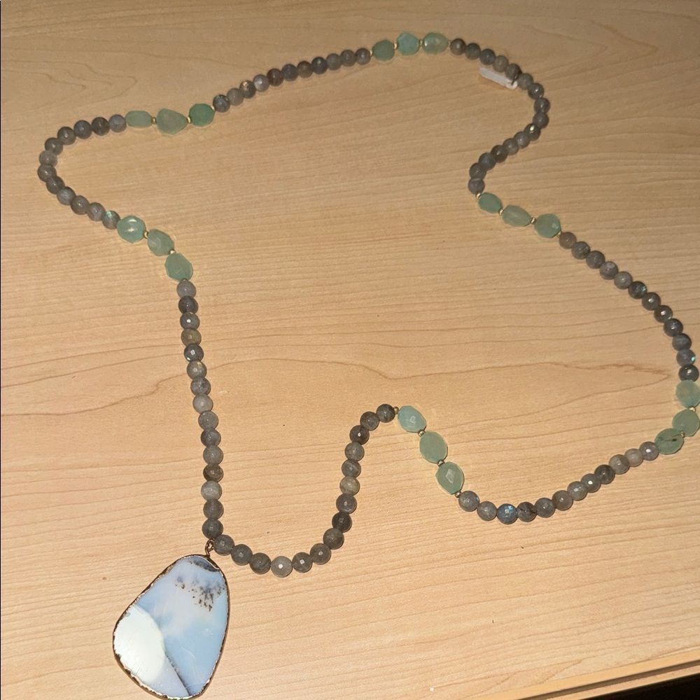 Long VINTAGE Beaded Necklace Stone Pendant